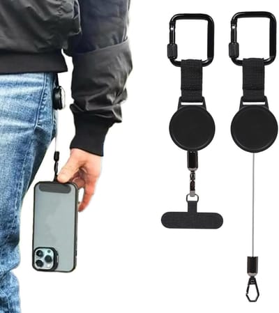 OIMG Smartphone Veiligheidskoord - 2 stuks - Anti-diefstal telefoonkoord - Geschikt voor elke telefoon - Uittrekbaar Koord - Verlenging 65 cm - universele - vergrendelbare karabijnhaak - Voor Outdoor Accessoire Wandelen Fietsen Klimmen - zwart