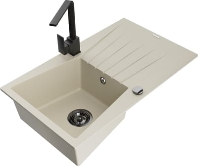 Mexen Cesar één-kompartement granieten spoelbak met afdruiprek en keukenmengkraan Rita, beige - 6514-69-670300-70