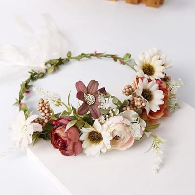 Dailygoods- Bloemenkrans Vintage - Kunstbloemen - Hoofdtooi - Bruiloft - Feest - Verstelbare Riem - 19 cm Lang - Haarkrans