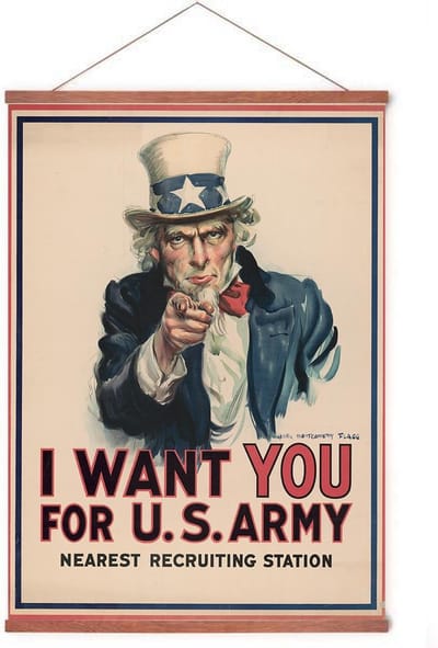 Poster In Posterhanger - Uncle Sam - Kader Hout - Eerste Wereldoorlog - 70x50 cm - Ophangsysteem