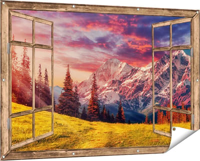 Gards Tuinposter Doorkijk Alpen Landschap met een Kleurrijke Hemel - 150x100 cm - Tuindoek - Tuindecoratie - Wanddecoratie buiten - Tuinschilderij