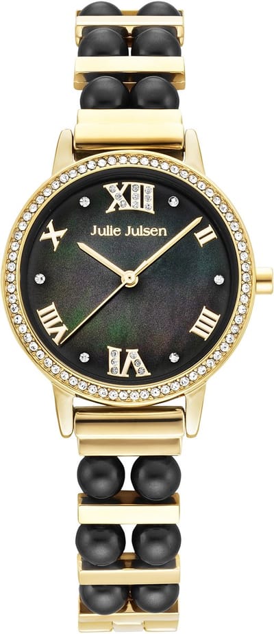 Julie Julsen Damenuhr Edelstahl goldfarben mit synth. Perlen schwarz