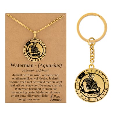 Sterrenbeeld Waterman / Aquarius Ketting + Sleutelhanger - Goudkleurig - Stainless Steel op Cadeau Kaartje- 60cm - Pax Amare