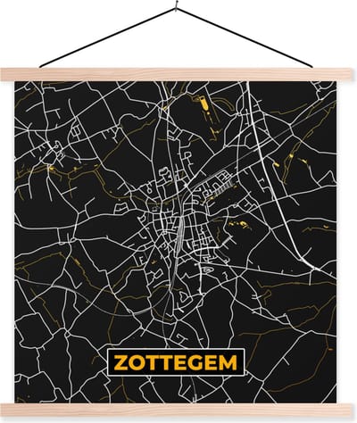 Posterhanger incl. Poster 40x40 cm - Schoolplaat - Plattegrond - Stadskaart - Goud - Zottegem - Kaart - Textielposter - Blanke latten - Stadskaart
