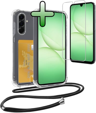 Hoes Geschikt voor Samsung A17 Hoesje Pas Houder Shock Proof Case Hoes Met Koord Met Screenprotector - Hoesje Geschikt voor Samsung Galaxy A17 Hoes Met Telefoonkoord Pasjeshouder Cover - Transparant