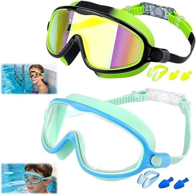 Set van 2 Kinder Zwembrillen – Spiegellens Zwart-Groen & Transparant Mint-Blauw, Inclusief Siliconen Oordoppen en Neusklem, Waterdicht Anti-Waas & UV-Beschermd voor Zwemles en Strand