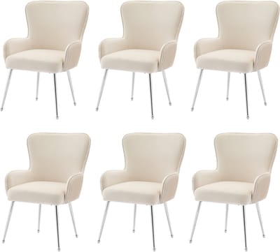Fluwelen eetkamerstoel - set van 6 - woonkamer - slaapkamer - loungestoel - met armleuningen en verstelbare poten - lendensteun - beige en zilver