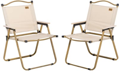 Set van 2 kampeerstoelen, opvouwbare tuinstoelen met stalen frame, houtlook, opvouwbare stoel voor zwembad, strand, Oxford, kaki