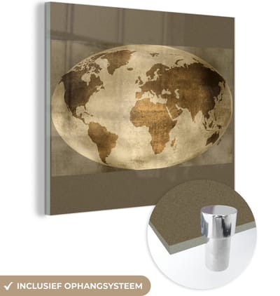 ® Glasschilderij 90x90 cm - Schilderij acrylglas - Wereldkaart - Wereldbol - Retro - Foto op glas - Muurdecoratie woonkamer - Wanddecoratie slaapkamer - Schilderijen