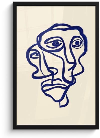 Poster in lijst - Fotolijst 40x60 cm - Posters - Lijntekening - Overlappende gezichten - Donkerblauw - Posterlijst zwart - Decoratie - Wanddecoratie woonkamer - Muurdecoratie slaapkamer