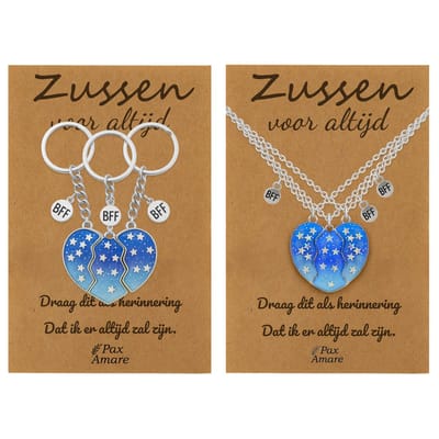 BFF Ketting + Sleutelhanger voor 3 'Zussen voor altijd' - Magnetisch Blauw Hartje - Bundel op Cadeau Kaartje Bundel - Zilverkleurig - Vriendschap Symbool - Pax Amare