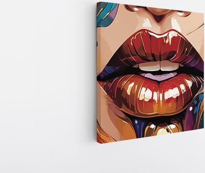 Saammp Canvas Schilderij - Vrouw - Rode lippen - Kleurrijk - abstract - 20x20 - Foto op canvas - Wanddecoratie - Muurdecoratie Woonkamer - Slaapkamer decoratie - Canvas Print