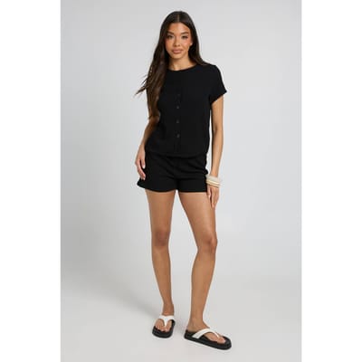 boohoo Dames Geribbelde Korte Mouw Doorknoop Top En Short Set | Zwart | Maat: 44