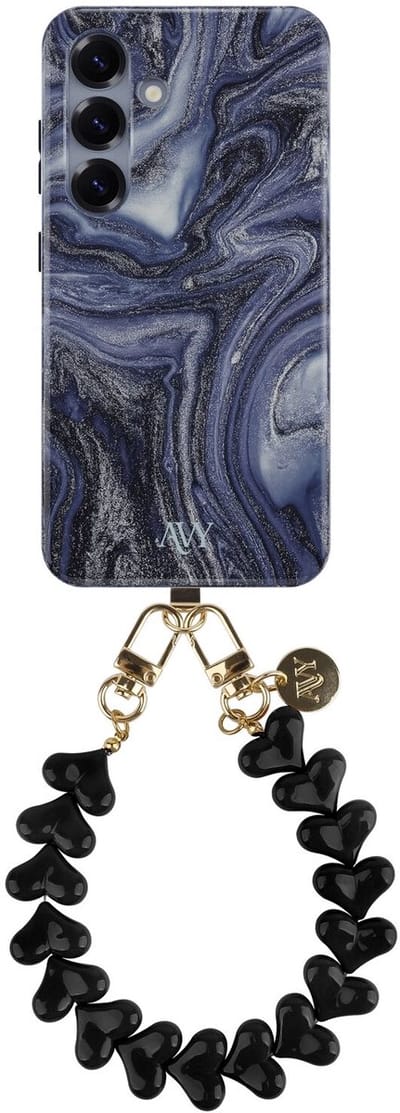 AVY Hoesje Met Telefoonkoord | Geschikt voor Samsung Galaxy S25 | Compatibel met MagSafe | Hard Shell Back Cover | Stijlvol Bijpassend Koord 30CM | Marmer Hearts | Blauw