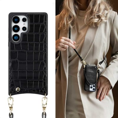Selencia Hoesje - Geschikt voor Samsung Galaxy S25 Ultra - Croco Backcover met koord en pashouder - Zwart