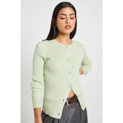 boohoo Dames Geribbeld Gebreid Vest met Hoge Hals en Knoopsluiting | Sage | Maat: Small