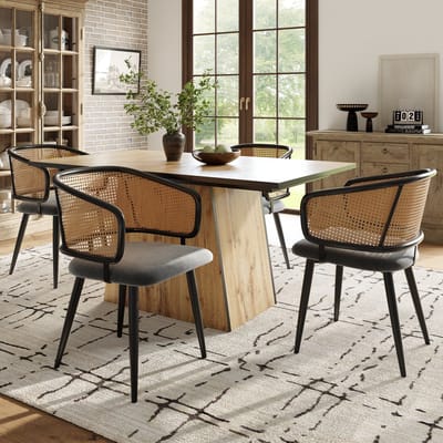 STILVORA Eetkamerstoel 47 x 51 x 79 cm - Met Rotan Rugleuning En Fluwelen Zitting - Voor Eetkamer En Woonkamer - Grijs