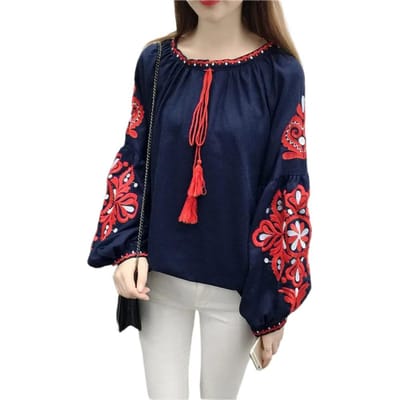Zomershirt Dames Etnische Stijl Geborduurd Patroon Pullover Tops Ronde Hals Lantaarn Mouw Losse Fit Blouse One Size