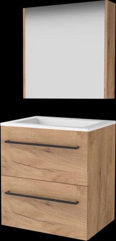 Basic Comfort 46 badmeubelset met spiegelkast, wastafelonderkast met grepen, 2 lades en acryl wastafel met 1 kraangat 60 x 46 cm, whisky oak