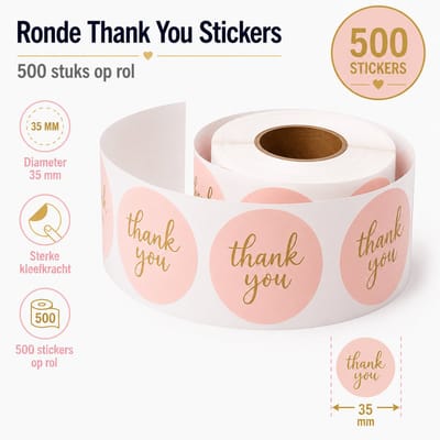 500 Thank You Stickers 35 mm op Rol, Bedankt Stickers voor Verpakking, Verjaardag, Cadeau, Webshop, Roze met Gouden Letters, Labels, Dappaz