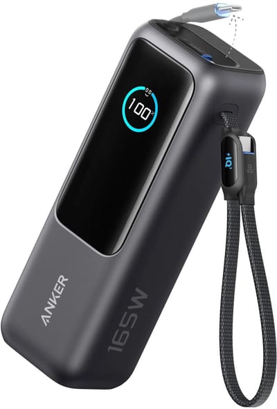 Anker PowerCore 25K Powerbank 25.000mAh - 165W - 3x 100W USB-C Poorten - Zwart - Ingebouwde Intrekbare Kabels - Real-Time Smart Display - Vliegtuigvriendelijk Ontwerp
