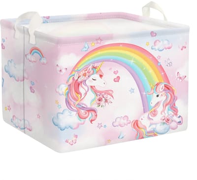 Roze Eenhoorn Kinderwasmand met Handgreep Opvouwbaar Kleding Speelgoed Opbergmand voor Meisjes Opbergbox voor Babykamer Bad, Bloem, 40 * 30 * 30 cm