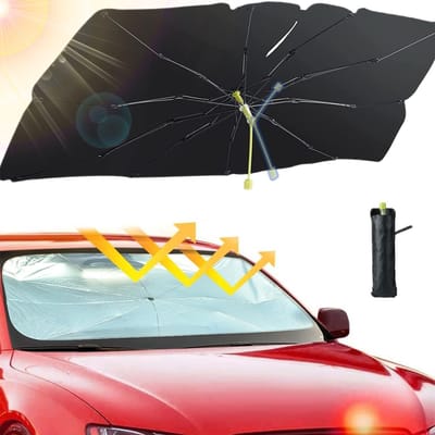 Famanu – Zonnescherm voor Autovoorruit Binnenkant - Aluminium 2025 Opvouwbare Zomerzonwering voor Auto's 140 x 75 cm - Draaibaar Voorruitzonnescherm met Geschikt voor de Meeste Auto's en SUV's