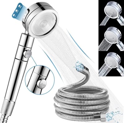 Doucheset met Slang, Instelbare Douchekop met 3 Sproeimodi, Waterbesparende Douchekop met Stopfunctie, 360° Rotatie Handheld Krachtige Flow Douchekoppen voor Lage Waterdruk (Zilver)