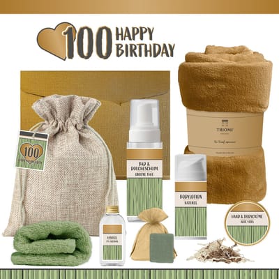 Geschenkset “100 Happy Birthday” - 8 producten - 1140 gram - Triomf Cosmetica | Luxe wellness Cadeaubox voor haar Giftset Feestje Verjaardag Honderd jaar Cadeau Pakket Gefeliciteerd Verjaardagscadeau Vrouw Party Hundred Years Hartje Goud Groen