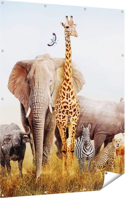Gards Tuinposter Afrikaanse Dieren op het Gras - Afrika - 120x160 cm - Tuindoek - Tuindecoratie - Wanddecoratie buiten - Tuinschilderij
