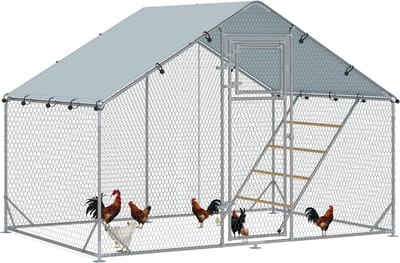 PawHut Hühnerstall Freilaufgehege aus Stahl, 3 x 2 x 1,95 m Hühnerkäfig mit UV-beständiger Abdeckung, Futtertür, Hängefütterung, Sitzstange, Hühnergehege für 6-8 Hühner, Kleintiere, Silber