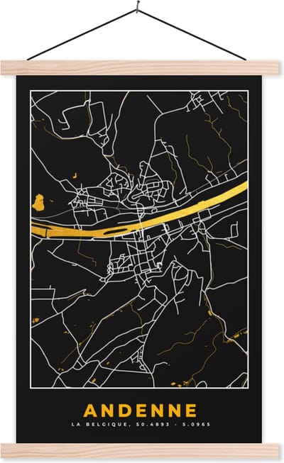 Posterhanger incl. Poster 40x60 cm - Schoolplaat - Kaart - Gold - Ardenne - Plattegrond - Stadskaart - Textielposter - Blanke latten - Stadskaart