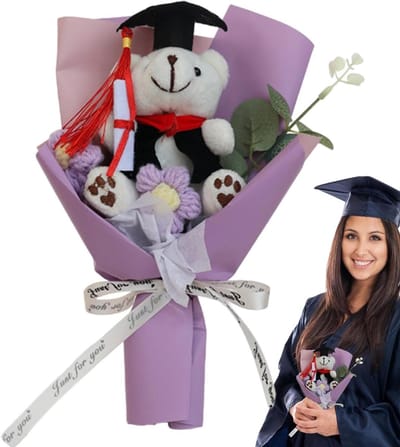 Afstuderen beer boeket - Pluche bloemen - Cadeau geven - Met afstudeerdecoratie - 11 x 16 x 11 cm - Paars