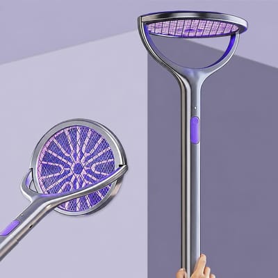 SnelShoppen - Elektrische insectenracket met roterende kop, telescopische verlenging, oplaadbaar UV vliegenracket voor binnen- en buitengebruik, ideaa