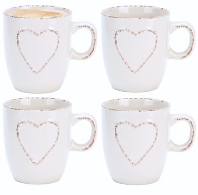 Siaki Koffiemokken set Heart - 4x - wit - 150 ml - mokken - met tekst - keramiek - giftset