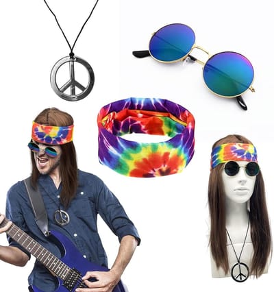Hippie Kostuum Set voor Mannen en Vrouwen - 4 Stuks met Peruc, Zonnebril, Ketting en Haarband voor Carnaval en Feestjes in de Stijl van de Jaren '70 en '80
