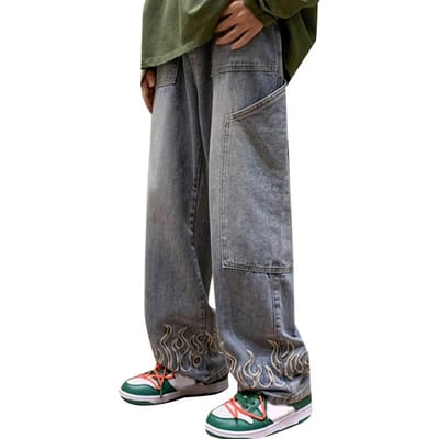 Heren Casual Jeans Vlampatroon Grote Zakken Lange Broek Rechte Wijde Pijpen Ontwerp High Street Distressing Denim Broek M