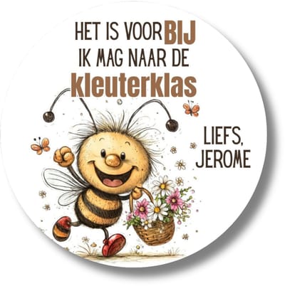 Sticker Kleuterklas Afscheid 4 cm Rond – 20 Stuks – Glossy Traktatie Sticker “Het is voorBIJ ik mag naar de kleuterklas”