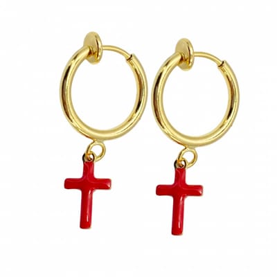 Klem oorbellen- rood -emaille- kruisje- goudkleurig-geen gaatje-Charme Bijoux