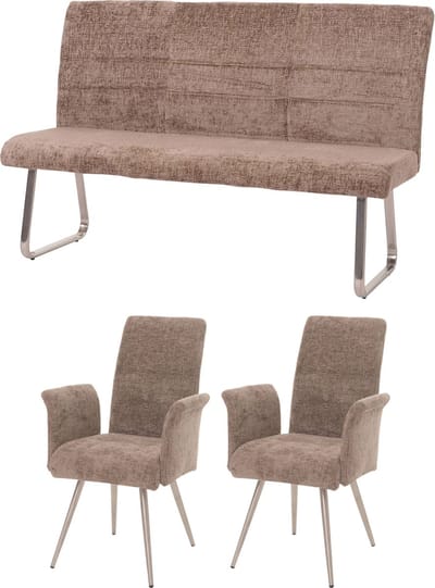 Eetkamerset MCW-G55, set van 2 stoelen met armleuningen + bank 160cm, geborsteld roestvrij staal stof/textiel chenille ~ bruin