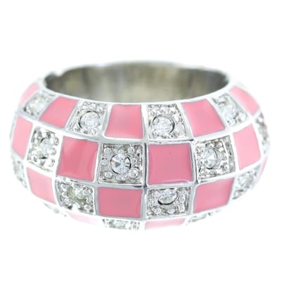 Behave - Ring - Zilverkleurige statement ring met roze dambordpatroon en kristallen – Trendy & modern