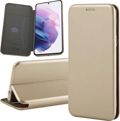 Hoesje geschikt voor Samsung Galaxy S21 FE - Book Case Kunstlederen Wallet Cover Minimalistisch Pasjeshouder Hoes Goud