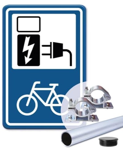 Bord oplaadpunt fietsen - blauw - Weerbestendig Aluminium - 30x45 cm - Bevestiging: Met paal 150 cm + paalbeugels + paaldop
