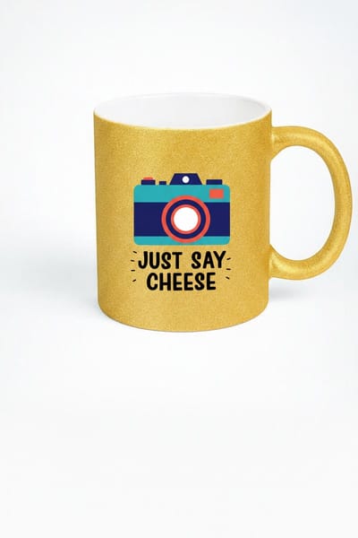 Gouden Glitter Mok met Camera en 'Just Say Cheese' Design - Ideaal Cadeau voor Fotografen