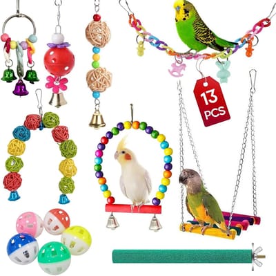Vogel Speelgoed Set - Parkiet Accessoires - Volière Verrijking - Natuurlijk Hout Materiaal - 17 x 10 x 5 cm
