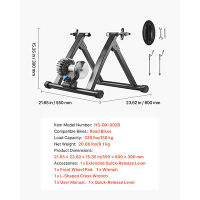 Opvouwbare vloeistoffietsentrainerstandaard, compatibel met 26-29 inch en 700C wielen, indoor fietstrainer met snelspanner en voorwielverhogingsblok, geschikt voor racefietsen, zwart