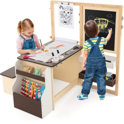 COSTWAY 6-in-1 kinderschilderset, staand bord van hout met dubbelzijdig krijtbord, whiteboard en papierrol, kinderbord in hoogte verstelbaar met bank, planken voor kinderen vanaf 3 jaar (koffie)