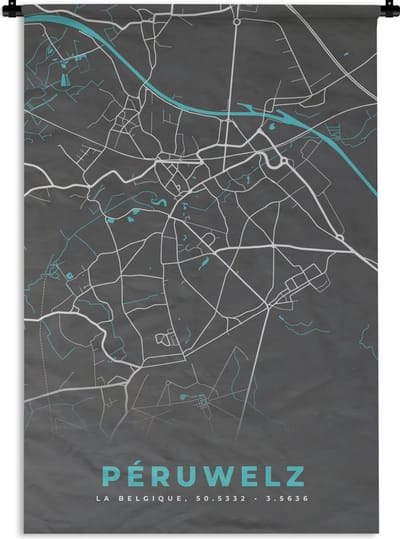 Wandkleed - Wanddoek - Stadskaart – Grijs - Kaart – Péruwelz – België – Plattegrond - 120x180 cm - Wandtapijt