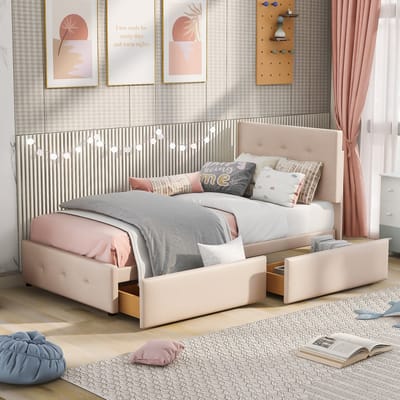 Polsterbed 90x200 cm met lattenbodem, rugleuning en twee laden – donkerbeige fluwelen stof, vlak enkelbed, geschikt voor kinderen, jeugd en als gastenbed