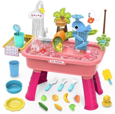 Watertafel Voor Peuters Van 4-13 Jaar, Watertafel Met Pomp, Speelgoedkeukenset Voor Kinderen Van 4-8 Jaar, Speelgootsteen Met Stromend Water En Elektrische Kraan, Inclusief Speelgroenten, Servies En Visspel (roze)